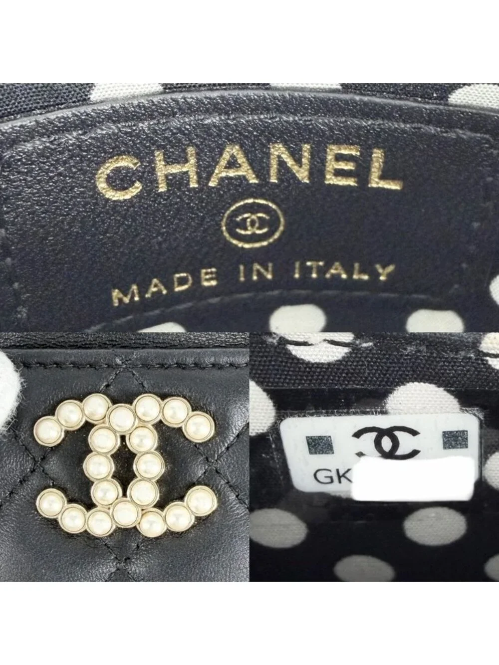 Chanel Coin Purse Quilted CC Logo Card Slot Polka Dot Lambskin Faux Pearl Black
